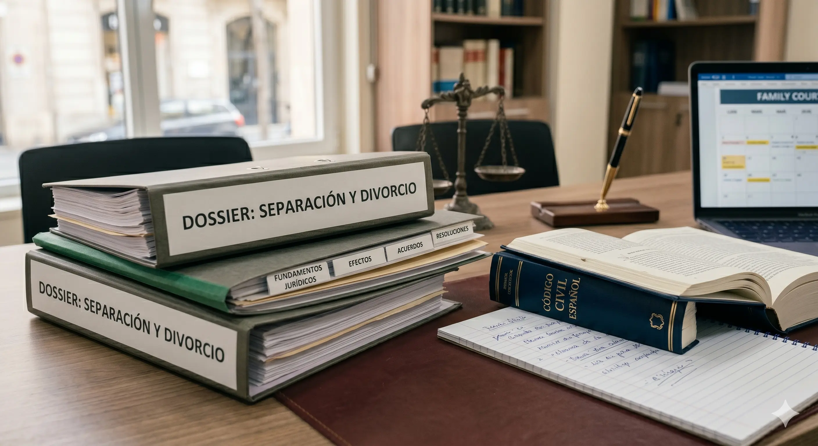Documentos legales de separación y divorcio junto a un Código Civil Español en el escritorio de un despacho de abogados en Terrassa.