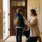 Madre ayudando a su hijo a prepararse en la puerta de casa tras una separación con hijos