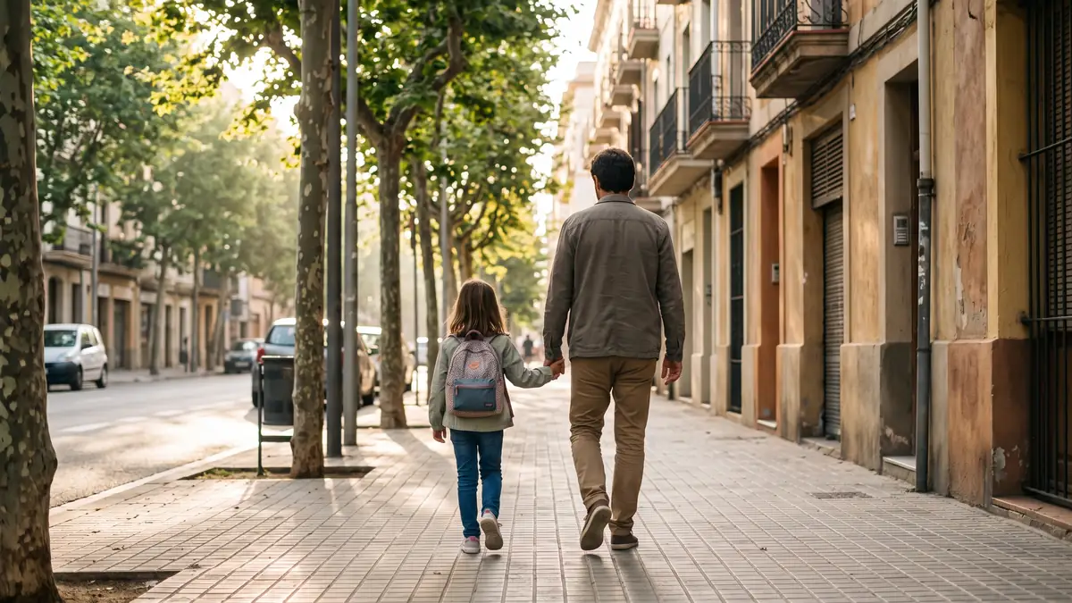 Padre acompañando a su hija de la mano camino del colegio