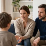 Madre y padre hablando con su hijo en el salón de casa