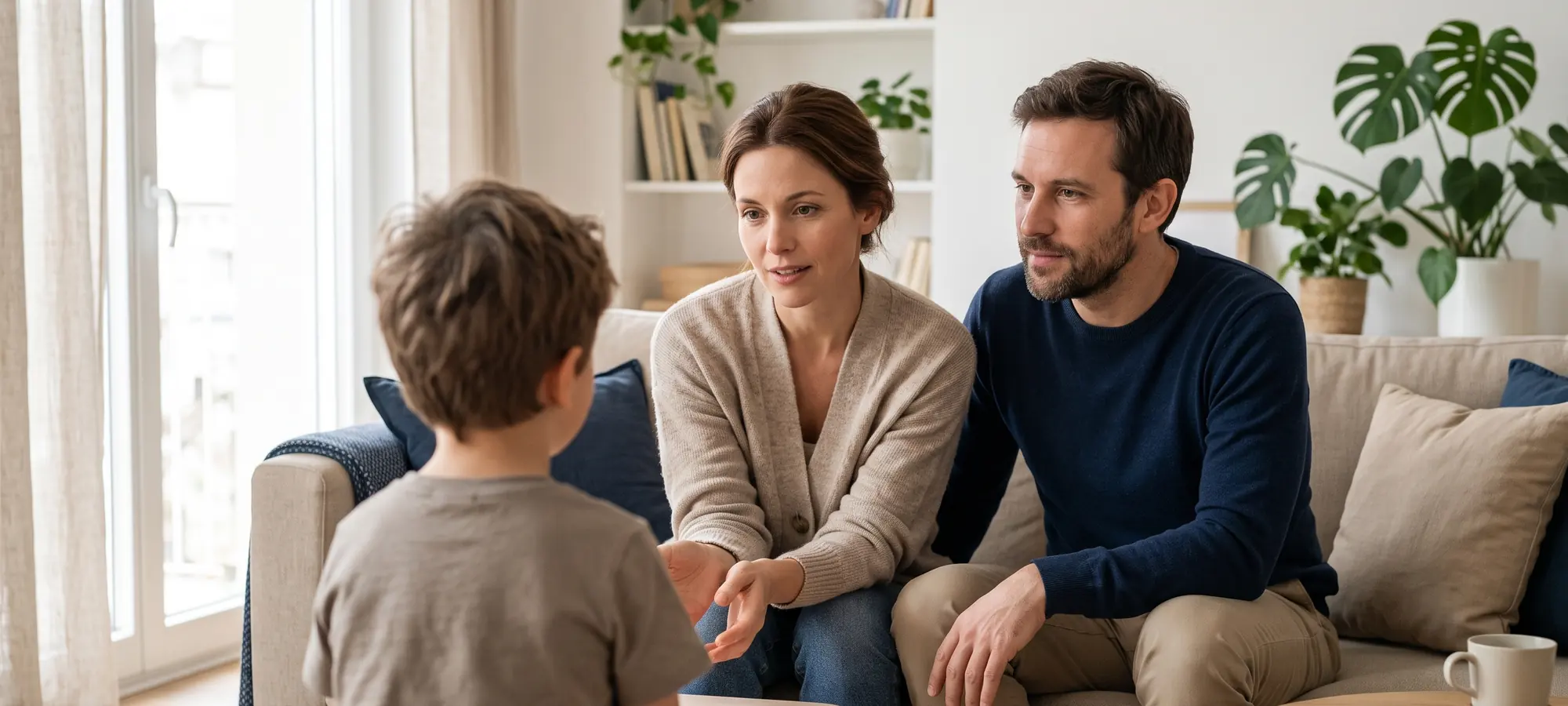 Madre y padre hablando con su hijo en el salón de casa